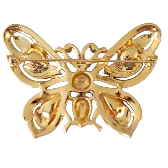 Trifari Gold Tone Clear Rhinestone Black Enamel Butterfly Brooch, Signed M777 - Picture 4 of 8